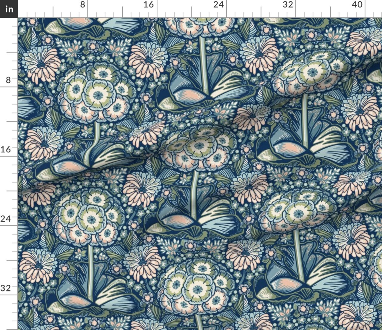 Retro Bold Floral Maximalist Botanical Blue Green Flowers Nature Garden Blossom Modern Custom Printed Fabric by Spoonflower Various Fabrics by the Yard or Fat Quarter